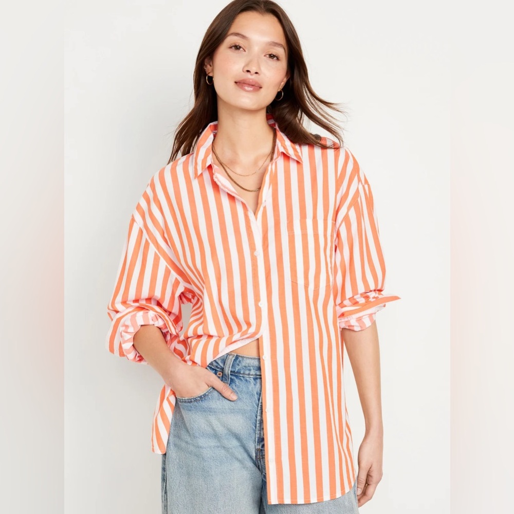 Old Navy L Oversized Button-Down Boyfriend Shirt - Orange Stripe